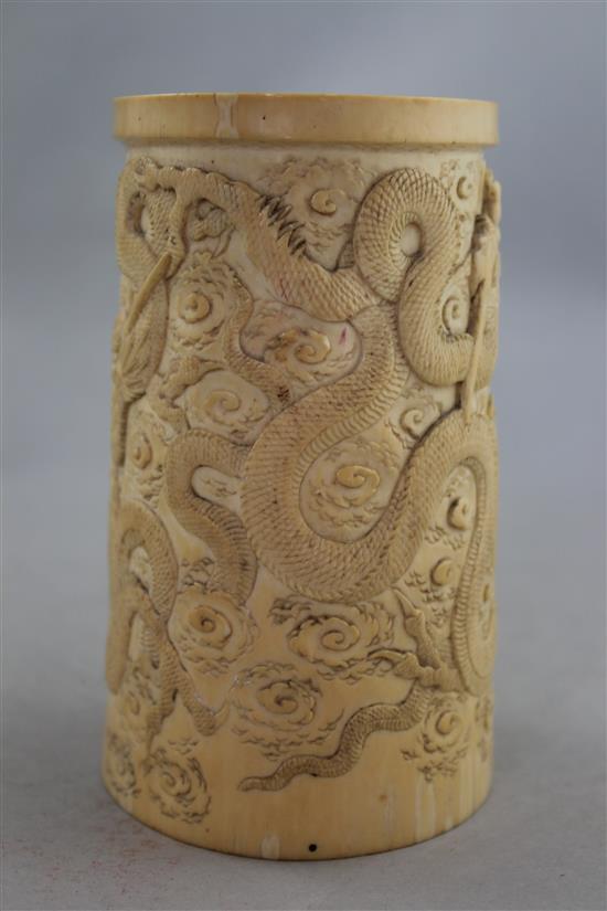 A Japanese ivory dragon tusk vase, Meiji period, 14.7cm